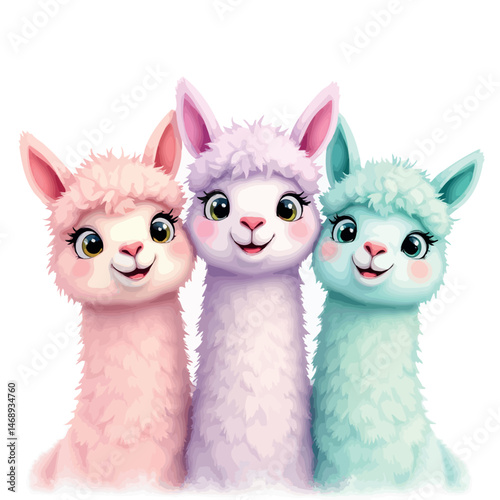 Vsai three smiling llamas posing together on white background