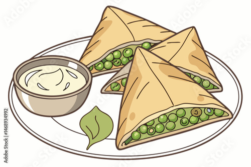 158 savory pastry triangles, filled with green peas, on a white plate, with a sauce or dip, detailed, appetizing, realistic