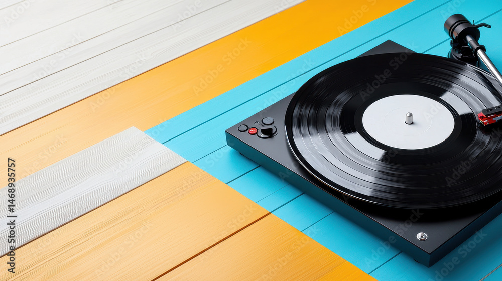 Fototapeta premium Stylish turntable with black vinyl record is placed vibrant, colorful wooden surface featuring shades of orange, blue, and white. image evokes
