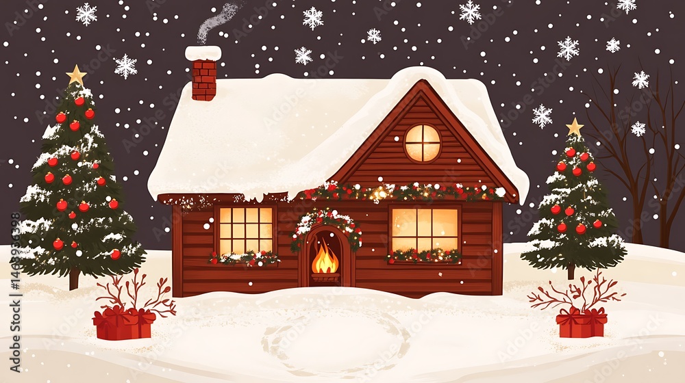 Fototapeta premium Cozy Snow Cabin with Christmas Eve.