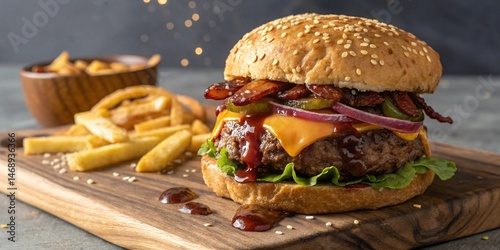 Juicy Bacon Cheeseburger with Crispy Fries on a Wooden Board