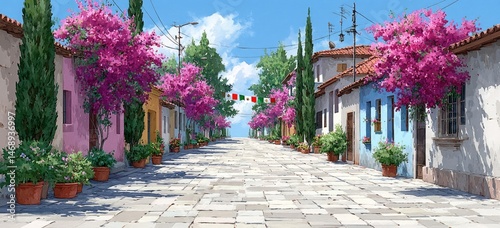 Fototapeta Naklejka Na Ścianę i Meble -  Pastel Colored Buildings In Sunny Alleyway With Pink Flowers