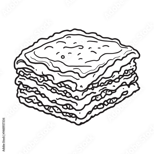 Piece of baked lasagna with minced meat and cheese line art