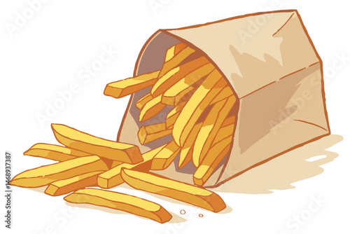 159 paperbag, french fries, fast food, crispy, golden-brown, hot, salty, crispy, delicious, food, still life, watercolor, illustration, digital art