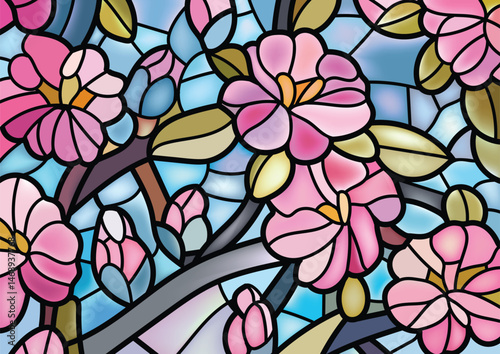Stained glass floral design, black border pattern, suitable for background, wallpaper and print materials.