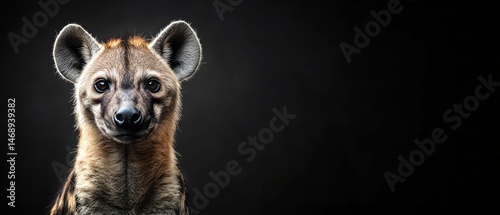 Close-up portrait of a spotted hyena against a dark background.