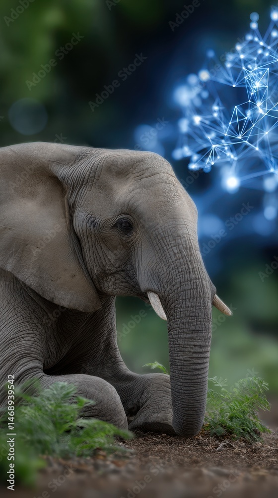 Fototapeta premium Elephant rests in lush environment with digital network overlay conveying conservation technology and wildlife management in natural habitats