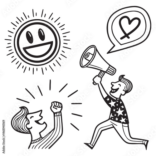 Vector Line Art Icon Set of Monochrome Positivity