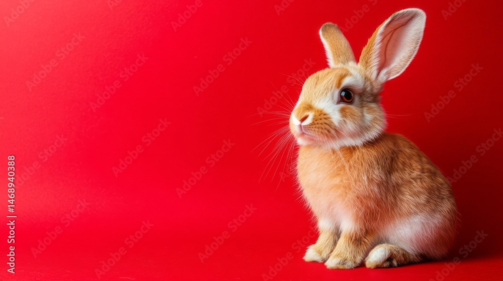 Obraz premium A small, fluffy, light-brown bunny against a vibrant red backdrop.