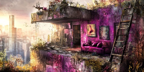 Surreal Cityscape with Decayed Structure, Deer, and Lush Overgrowth