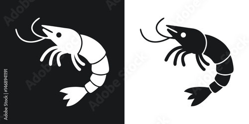 Simple black and white shrimp vector illustration on black and white backgrounds