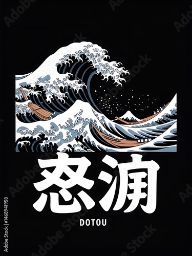 Dramatic graphic art print featuring a stylized Japanese wave and traditional boats illustration