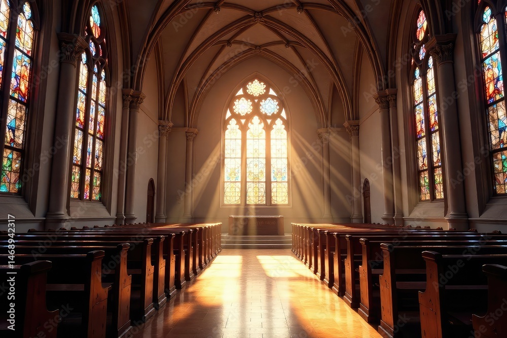 Fototapeta premium Serene church interior, sunlight streaming through stained glass windows , spirituality, worship, prayer