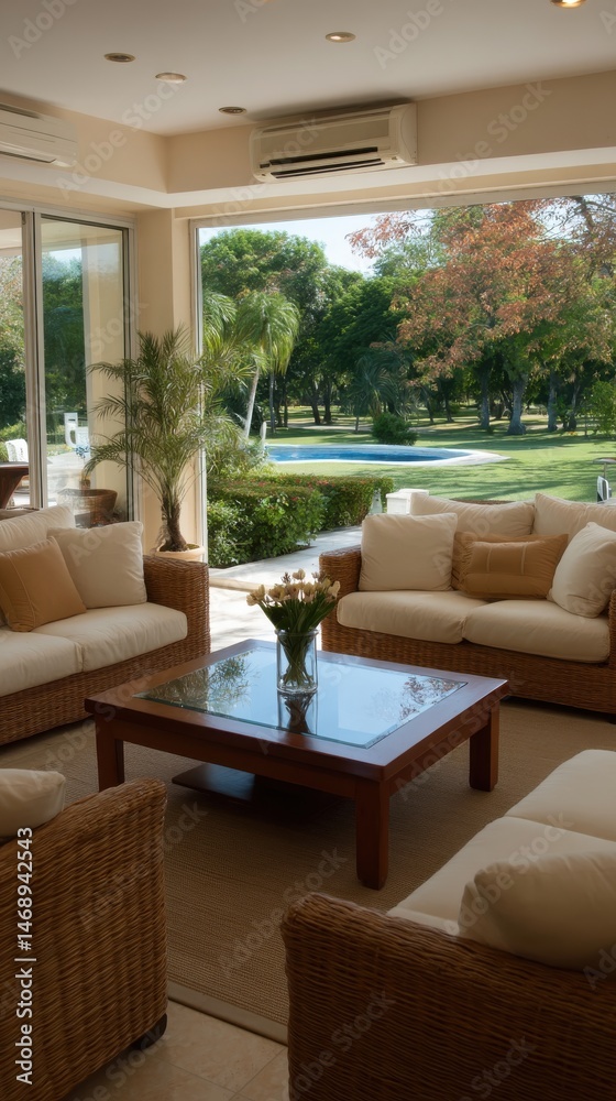 Obraz premium Elegant Living Room with Garden View Wicker Furniture Glass Coffee Table Modern Architecture Indoor Outdoor Living