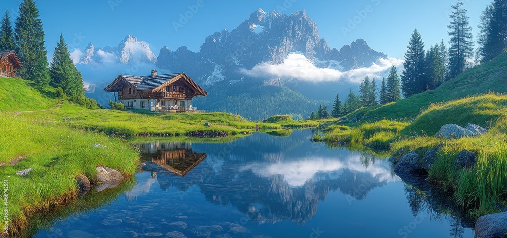 Fototapeta premium Serene Mountain Lake Cabin Reflection: A Picturesque Alpine Paradise