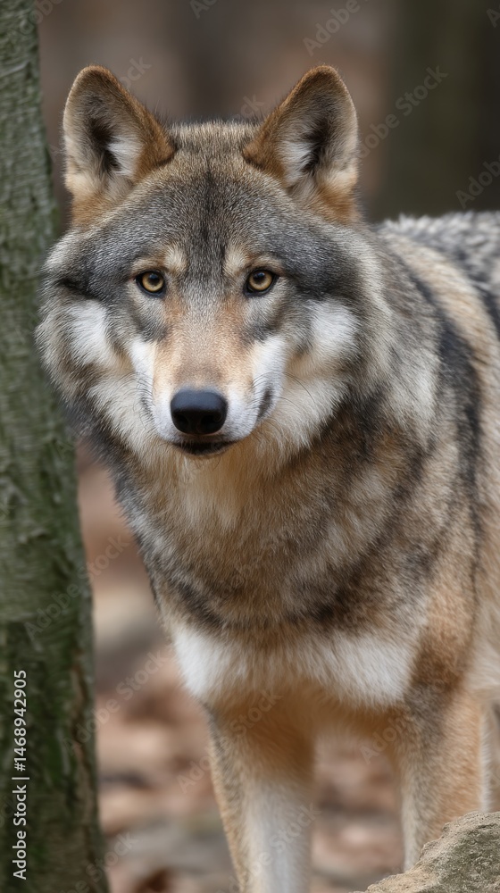 Fototapeta premium Portrait of a Wild Grey Wolf Facing Forward with Alert Expression in Natural Habitat