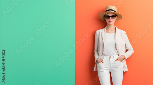 Stylish Woman In Beige Blazer And White Pants With Straw Hat And Sunglasses