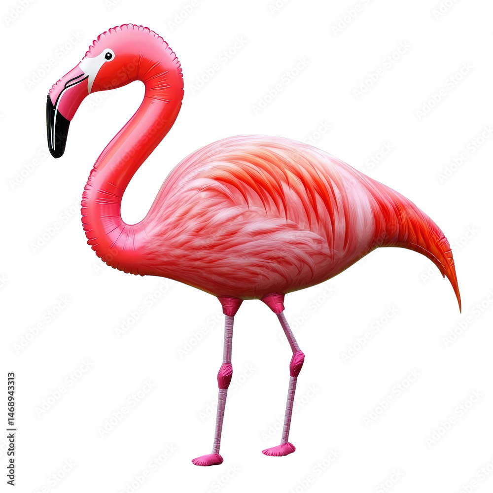 Obraz premium Vibrant pink flamingo standing gracefully in shallow water surrounded by lush greenery and beautiful reflections isolated on transparent background..