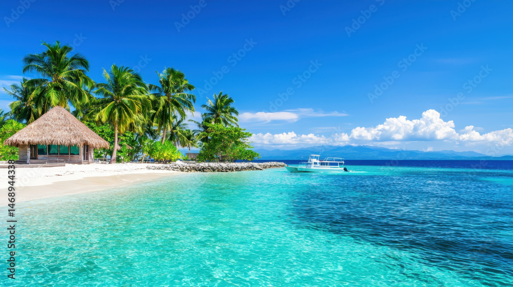 Fototapeta premium Tropical island with beach hut, clear turquoise water, and palm trees creates serene paradise
