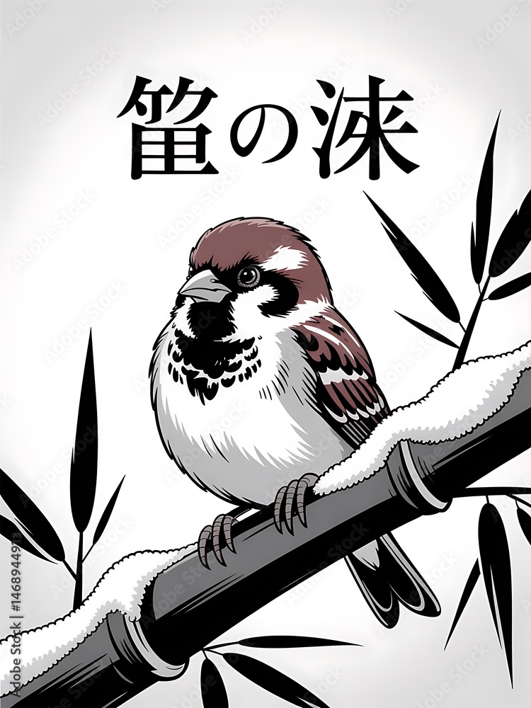 Naklejka premium Stylized black and white graphic of a face with Japanese text for a bold T-shirt design.