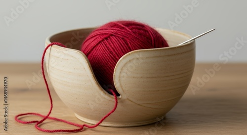 Yarn Bowl with Red Yarn and Crochet Hook