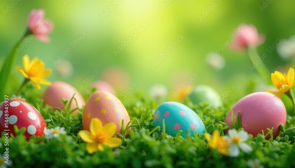Vibrant Easter background featuring colorful eggs nestled in spring greenery , spring, blossom, image Vibrant Easter background featuring colorful eggs nestled in spring greenery , spring, blossom, image