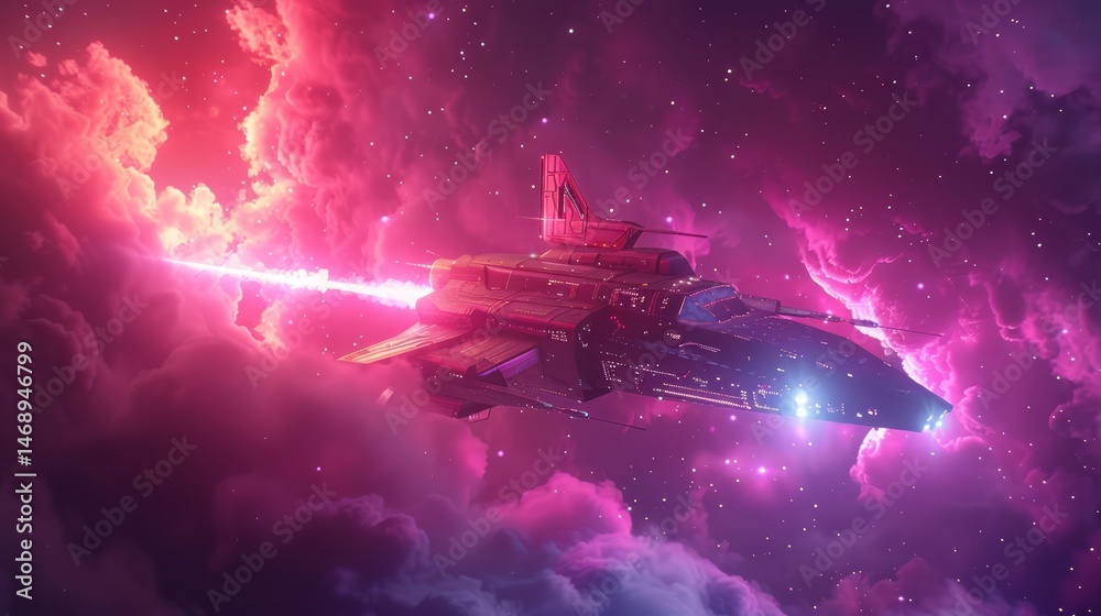 Fototapeta premium Spaceship Soaring Through Pink Nebula