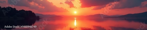 Silhouetted boat on Lake Balaton at sunset, tranquil scene , still, serene