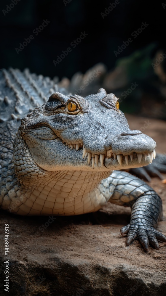 Fototapeta premium Close Up of a Large Alligator Reptile Resting in the Shadows with Scales and Sharp Teeth