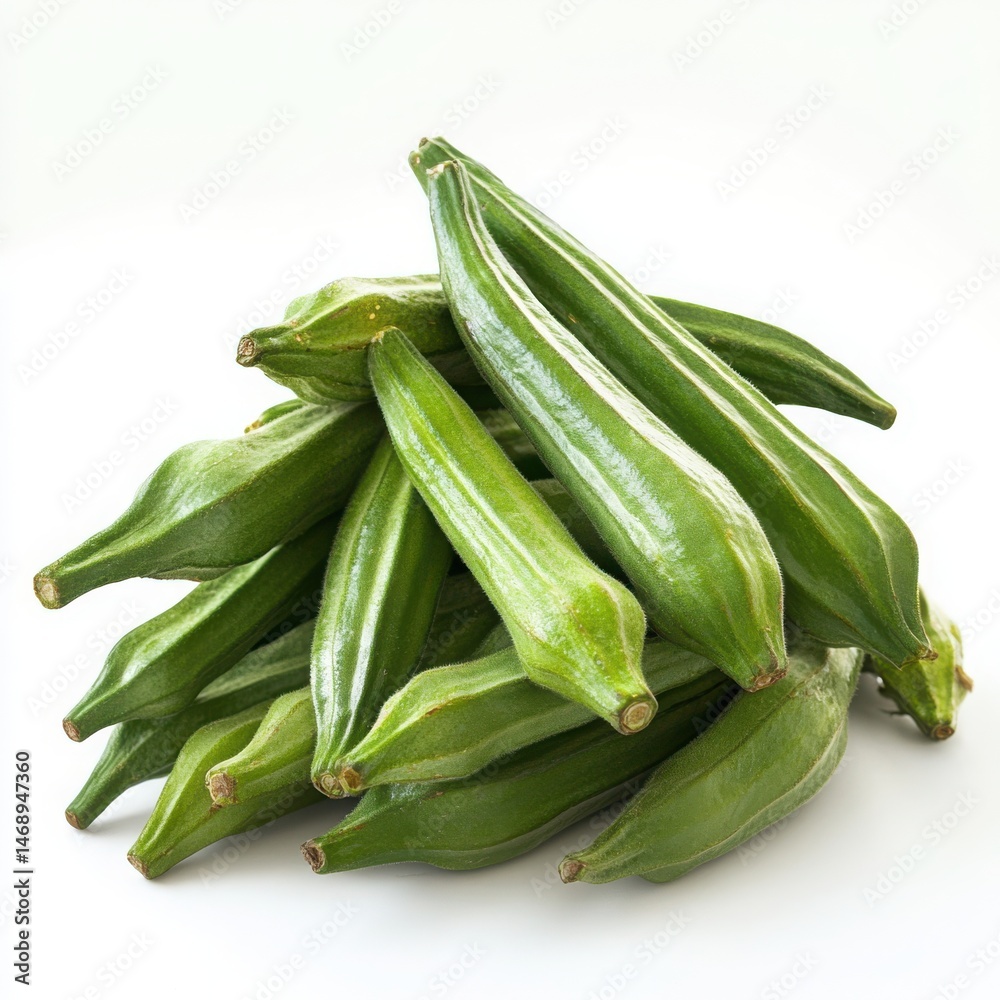 Fototapeta premium Pile of fresh okra pods isolated on a white background