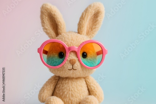 Cute Plush Bunny with Colorful Sunglasses – Whimsical, Pastel Background