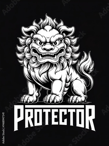 Detailed black and white illustration of a majestic guardian lion with protector text below. photo