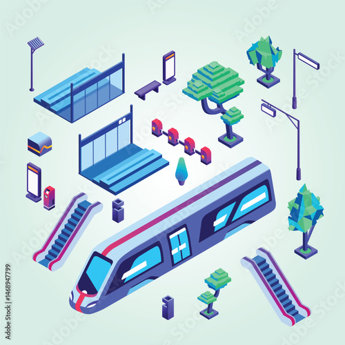 Metro train station illustration of isolated icons. Underground or subway railway 3d