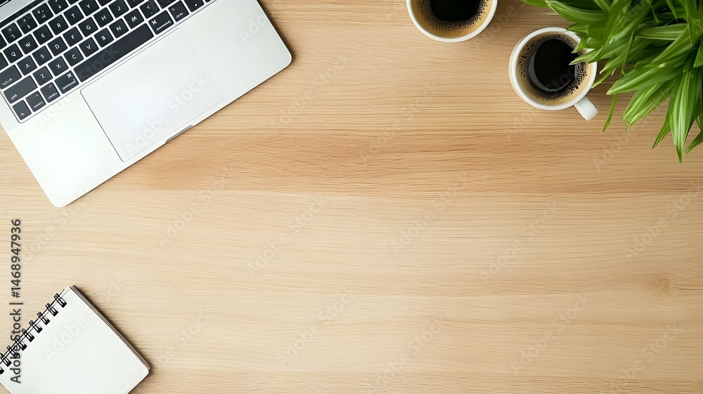 Top view of modern wooden workspace with laptop, coffee, notebook, and plants.
Top view of modern wooden workspace with laptop, coffee, notebook, and plants.