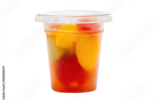 Plastic fruit cup with assorted fruits in syrup on white background
