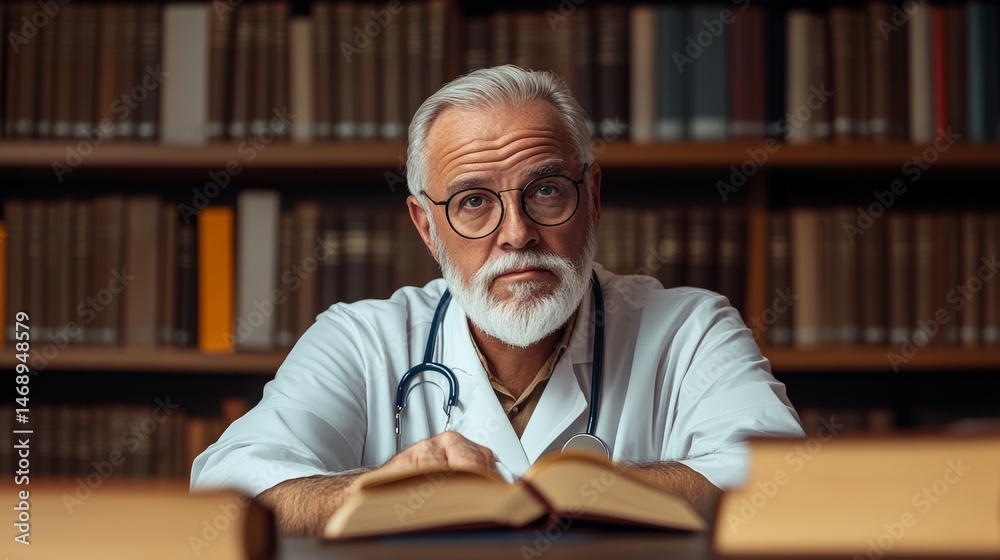 Man in a white lab coat is sitting at a desk with two books in front of him. He is reading or studying, and his facial expression suggests that he is focused on the task at hand