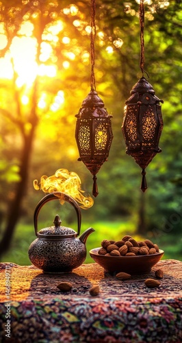 Outdoor tea set with lanterns at sunset