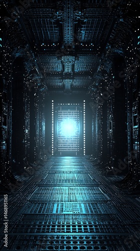 Mysterious futuristic passageway with luminous portal at the end, sci-fi aesthetic