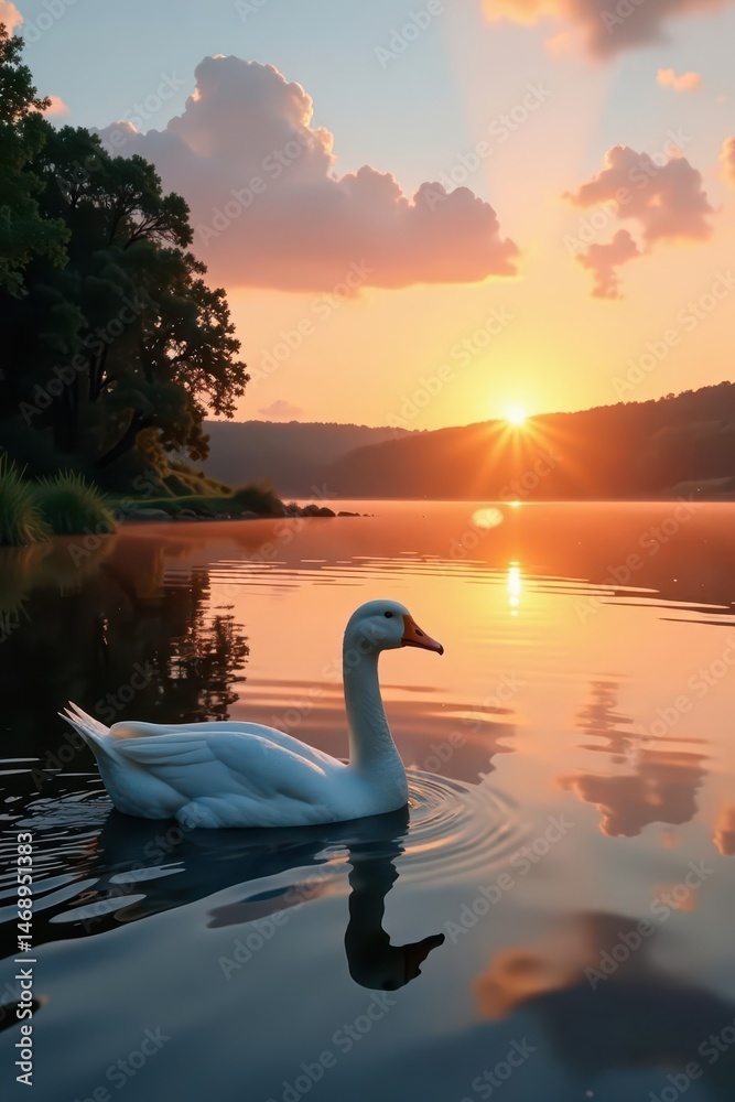 Fototapeta premium White geese glide on calm sunset lake, summer , animals, evening, water