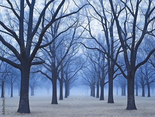 Serene Winter Landscape Misty Morning in a Bare Tree Grove Rows of leafless trees stand tall in a peaceful foggy field