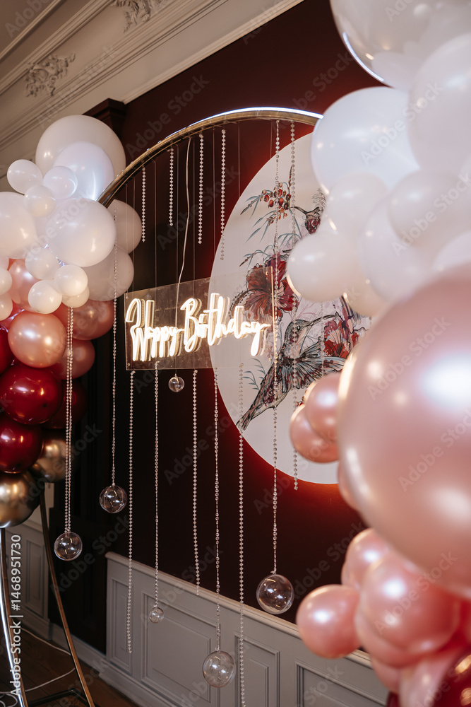 Red photo zone for birthday celebrations. Large elegant photo zone with lighting.