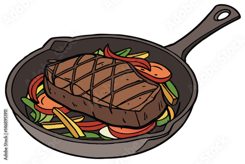 164 a beautifully cooked steak in a skillet, sizzling with roasted vegetables, detailed, high resolution, photographic quality, digital art, 4K