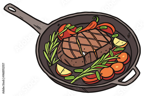 164 a beautifully cooked steak in a skillet, sizzling with roasted vegetables, detailed, high resolution, photographic quality, digital art, 4K