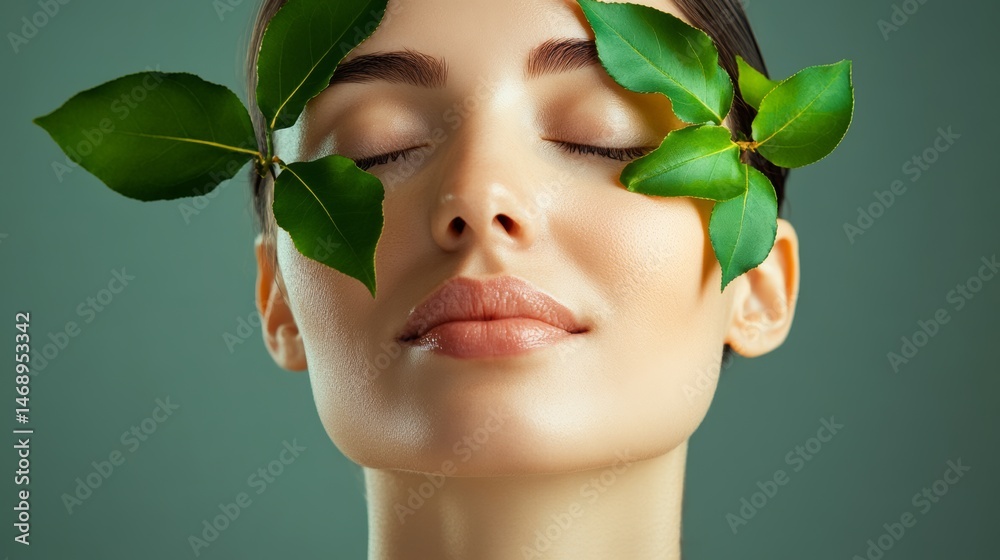 Woman with a leafy face is smiling. The leaves are green and are covering her face Woman with a leafy face is smiling. The leaves are green and are covering her face