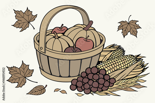 165 realistic, detailed, high quality, harvest basket, pumpkins, apples, corn, grapes, autumn leaves, rustic, moody lighting, still life composition, oil painting