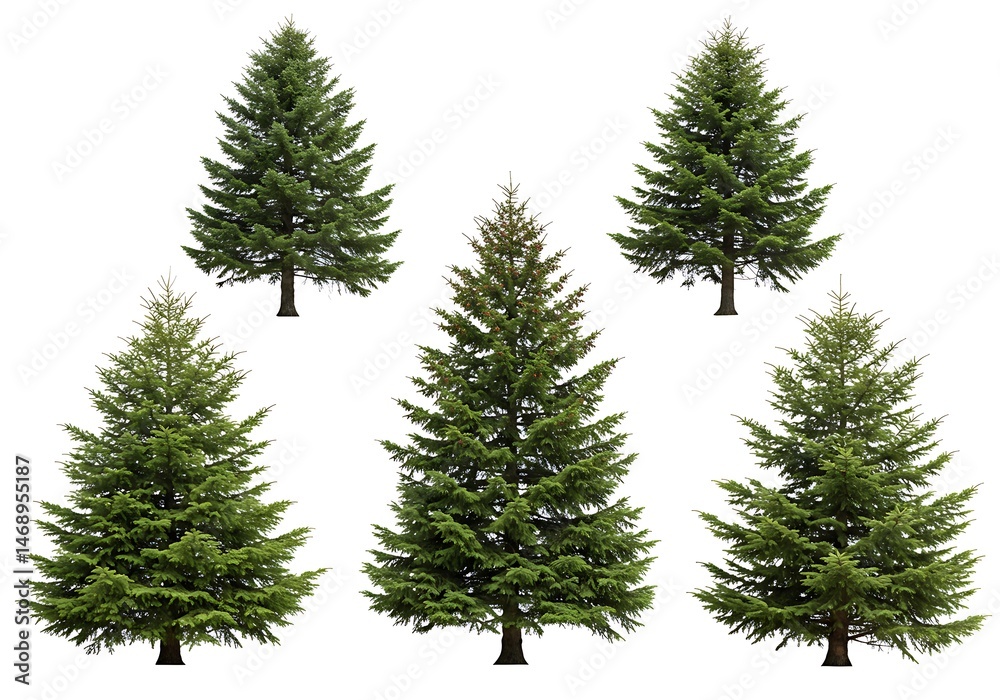 Fototapeta premium Five Green Evergreen Trees Isolated White Background Nature Conifer Fir Christmas Pine Wood Plant