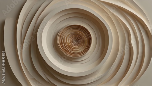 Abstract Concentric Beige Circles Cascade Inward Toward The Center In Dynamic Flowing Paper Art