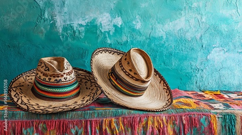 Two traditional mexican sombreros on colorful serape blanket with textured turquoise background photo