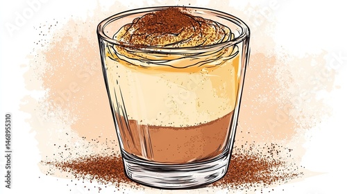 Elegant Tiramisu Shot Layered Dessert Delight with Cocoa Dust.
