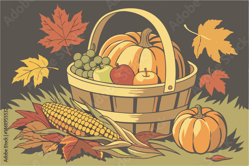 165 realistic, detailed, high quality, harvest basket, pumpkins, apples, corn, grapes, autumn leaves, rustic, moody lighting, still life composition, oil painting